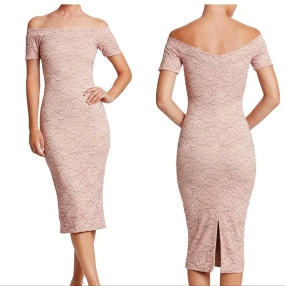 Dress The Population Jemma Lace Off Shoulder Dress dusty pink beige bodycon midi